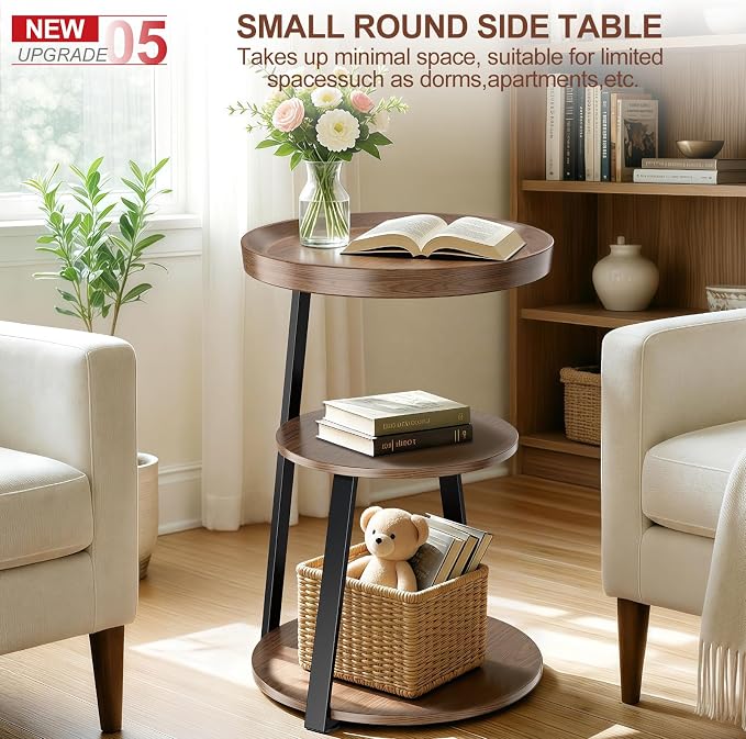 Round Side Table, 3-Tier Tray Top End Table with Storage Shelf, Ultra Stable Coffee End Table/Nightstand, Modern Farmhouse Couch Table for Living Room, Bedroom, Bedside Stand or Small Spaces, Walnut