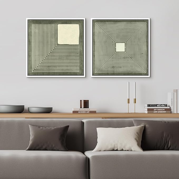 SIGNFORD Framed Canvas Print Wall Art Set Geometric Lines and Square in Green and White Illustrations Modern Art Minimal Relax/Calm for Living Room, Bedroom, Office - 16"x16"x2 White