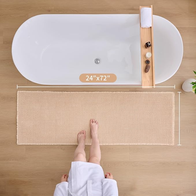 ILANGO Upgraded Waffle Bathroom Runner Rugs,Super Absorbent Boho Non Slip Bathroom Mats Quick Dry,Ultra Soft Machine Washable Mat with Tassels for Hallway,24x72,Beige