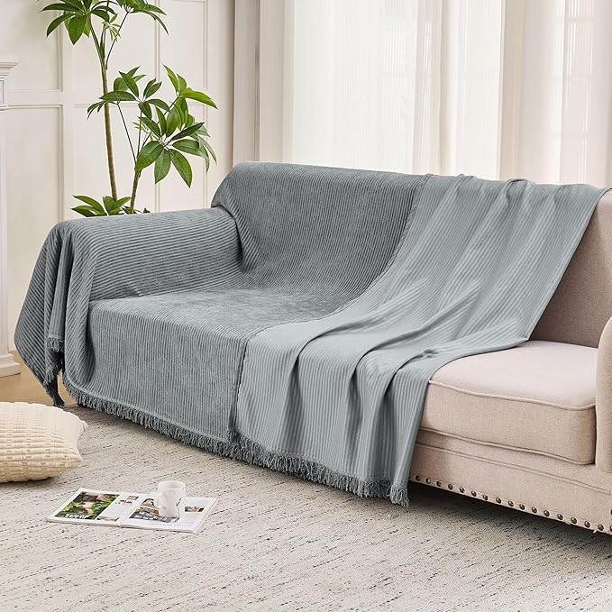 LOMAO Couch Cover Sofa Covers for 3 Cushion Sectional Couch Covers L Shape Couch Cover with Tassel Sofa Protector Washable Reversible Chenille Sofa Slipcover for Pet (Light Grey,Large(71 * 118))