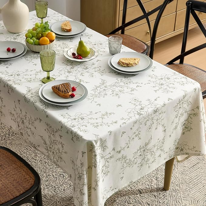 Farmhouse Green Floral Tablecloth Vintage French Rustic Linen Tablecloths Rectangular with Flowers Pattern Burlap Textured Outdoor Table Cover for Picnic,Dining,Party,Home Decor 55x84 Inch