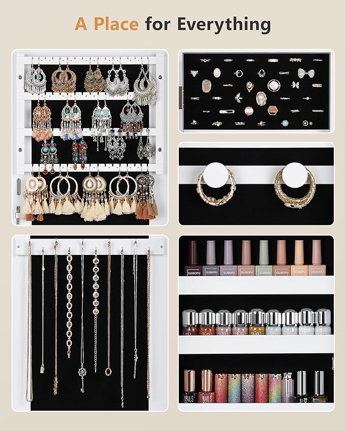 Nicetree Jewelry Cabinet Armoire, Hanging Jewelry Organizers and Storage, Lockable Jewelry Cabinet with Full-Length Mirror, Wall or Door Mount Jewelry Mirror Cabinet, Shelves, Polishing Cloth