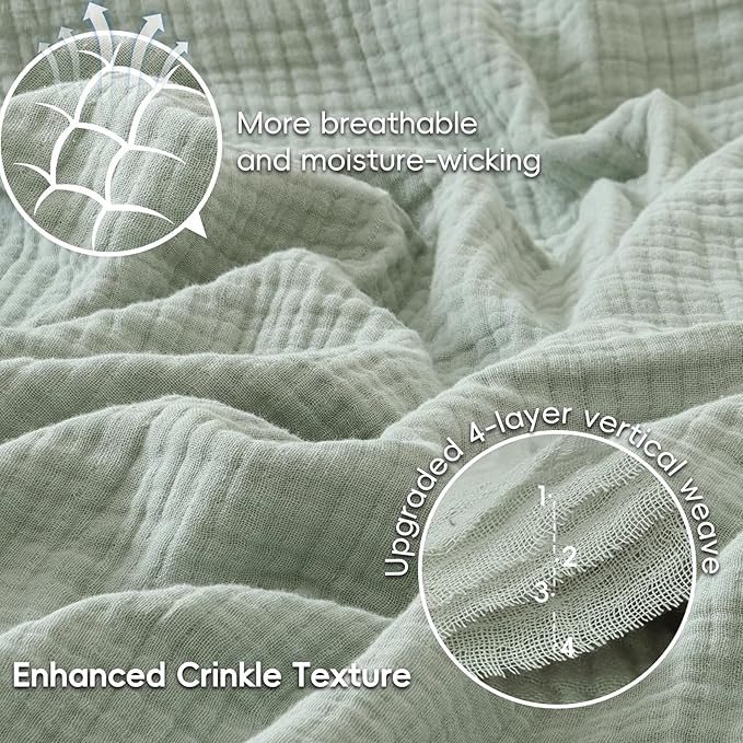 PHF 100% Cotton Muslin Blanket Queen Size 90"x90", 4-Layer Lightweight Gauze Throw, Breathable Cloud-Soft Minimalist Blanket for Bed, Couch, Camping, Sage Green, Ideal Gift