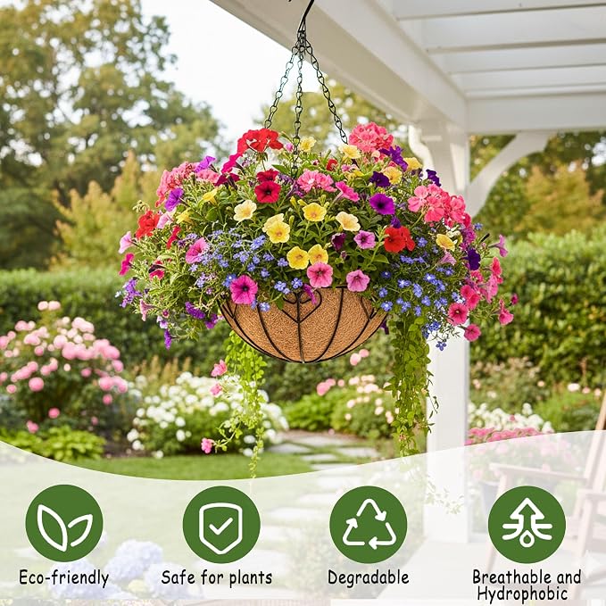 4pcs 14 inch Metal Hanging Baskets Round Wire Plant Stand with Coco Lining Cushion Decorative Planter Hanger Garden Indoor Outdoor Watering Hanging Basket （AX）
