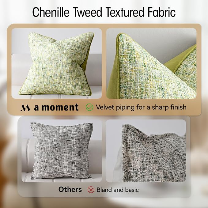 a moment Green Reversible Pillow Covers 2 Pack - Farmhouse Chenille Throw Pillows, Neutral Textured Decorative Throw Pillow Covers with Border for Couch Sofa Bed (18x18 Inch, No Insert)