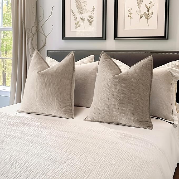 MIULEE Pack of 2 Beige Decorative Pillow Covers 22x22 Inch Soft Chenille Luxurious Couch Throw Pillows Farmhouse Cushion Covers Euro Shams with Elegant Design for Sofa Bed Living Room Spring Decor
