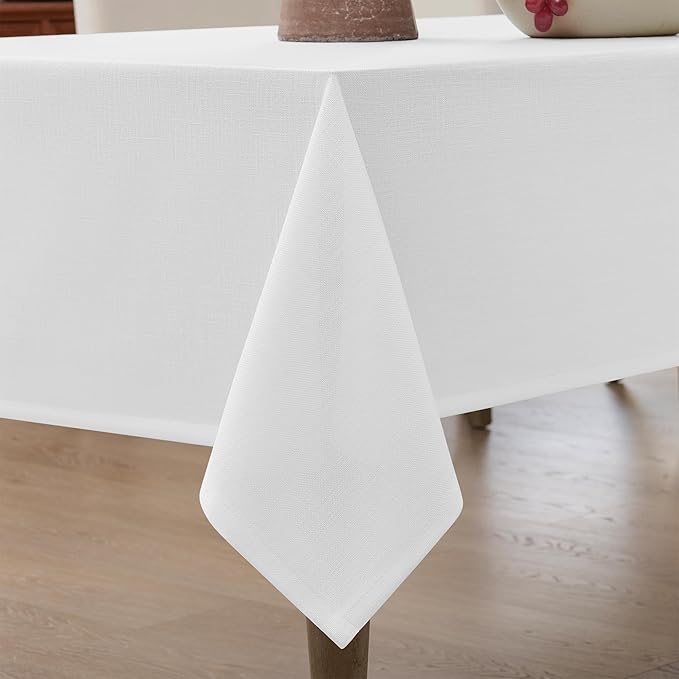 White Linen Square Tablecloth Neutral Wrinkle-Proof Faux Burlap Table Clothes for Dining 55 x132