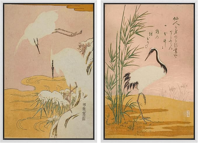 SIGNWIN Framed Canvas Print Wall Art Set Japanese Crane Vintage Style Bird and Bamboo Illustrations Modern Art Rustic Minimal for Living Room, Bedroom, Office - 16"x24"x2 White