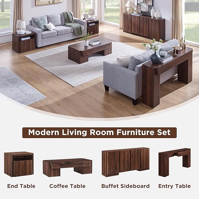 JXQTLINGMU 47" Modern Coffee Table with Storage, Wood Large Coffee Table with Drawer, Rectangle Center Table for Living Room, Brown