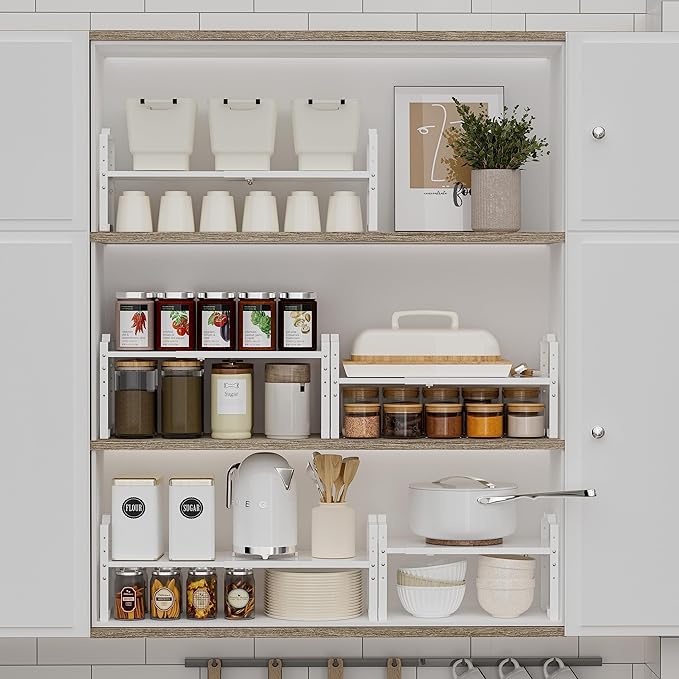 Jojocross Expandable Shelf for Cabinet Organizer Adjustable Stackable Spice Rack at Kitchen and Bathroom More, Counter Countertop Cupboard Organization Pantry Storage(LARGE/1PACK/WHITE)