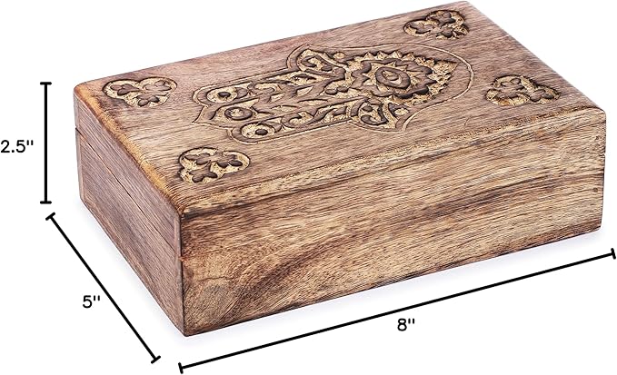 Ajuny Handcrafted Wooden Jewelry Box Hamsa Design Carving Solid Multipurpose Keepsake Storage Travel Organizer Treasure Chest Vintage Decorative Trinket Holder Gifts 8x5 Inch