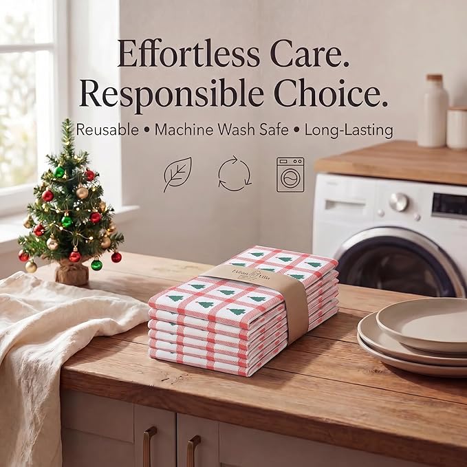 Urban Villa Cloth Napkins 100% Cotton Highly Absorbent Washable Reusable Premium Dinner Napkins Ideal for Gifts for Mothers Day Hotel Farmhouse Parties - Christmas Tree Print (20" x 20", Set of 12)