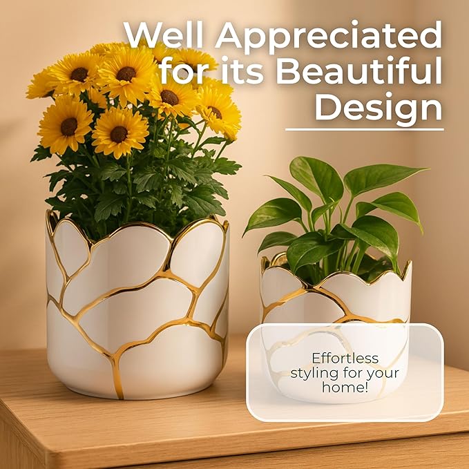 Set of 2 Plant Pots for Indoor Plants – Ceramic Planters with Gold Accents, Decorative Pots for Home Decor, Modern Indoor/Outdoor Ceramic Planter Set, Stylish Pot for Plants – 6/7", White