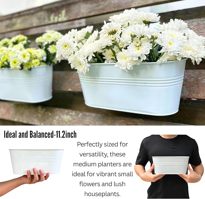 LaLaGreen Outdoor Plants Rail Planter (11.2 Inch, 5 Pack) White Metal Iron Hanging Flower Pots Deck Railings Fence Balcony Modern Boho Style Wall Mount Window Box Plant Holder Hooks Porch Home Décor
