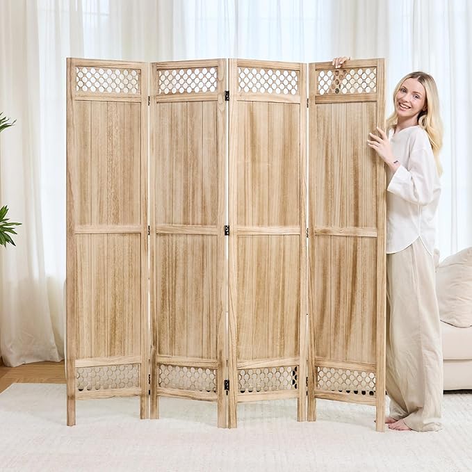 Privacy Screen Room Divider Panel - 67 Inch Tall Natural Wood Folding Partition Room Dividers, No-Assembly Required, Enhance Privacy and Aesthetic Appeal, Ideal for Home or Office Natural 4 Paned