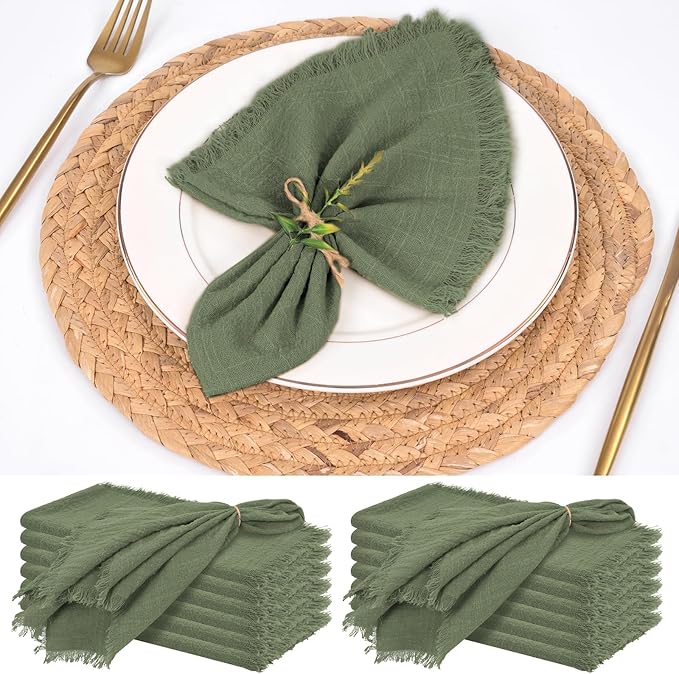 12 Pack Olive Green Cloth Napkins Cotton Linen Napkins with Fringe 16 x 16 Inch Soft Handmade Napkins Cloths Delicate Washable Rustic Dinner Napkin Cloths for Wedding Party Dinner Table Decor