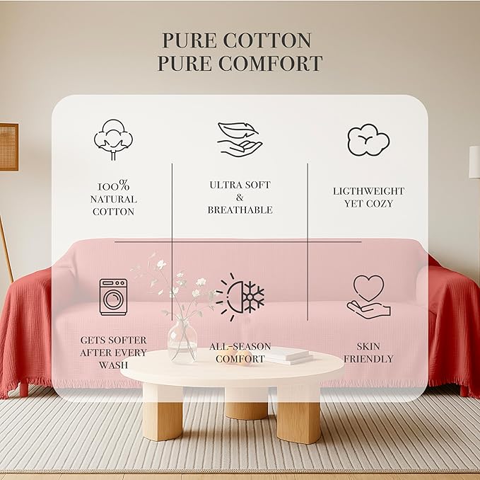 Washable Couch Cover %100 Pure Cotton, Gauze Couch Covers for Sectional, L Shape, U Shape Sofa, 4 Layered Muslin Natural Fabric, Cloud Like Washable Couch Cover (Terracotta, 95x118" / 240x300 cm)