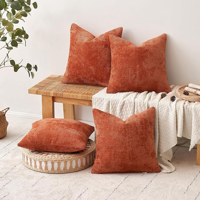 MIULEE Pack of 4 Couch Throw Pillow Covers 18x18 Inch Burnt Orange Soft Decorative Chenille Pillow Covers Farmhouse Accent Cushion Covers for Boho Home Decor Sofa Bedroom Living Room