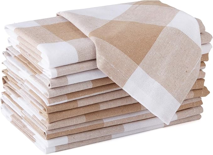 Encasa XO Cotton Cloth Napkins Set of 12, 17"x17" | Washable & Reusable Dinner Napkins Buffalo Beige Checks Table Napkins for Farmhouse, Wedding, Holiday, Party & Everyday Dining