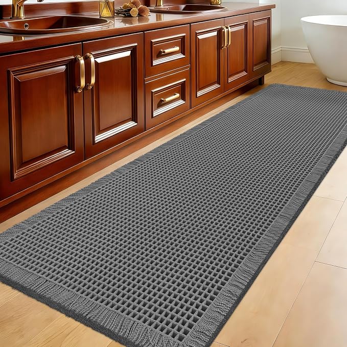 ACCUMTEK Extra Large Waffle Bath Mat, 5'x2' Grey, Super Absorbent Non-Slip Quick Dry Bathroom Rugs with Tassels, Machine Washable Ultra Soft Boho Bath Rugs for Floor, Toilet Mats Boho Farmhouse Decor