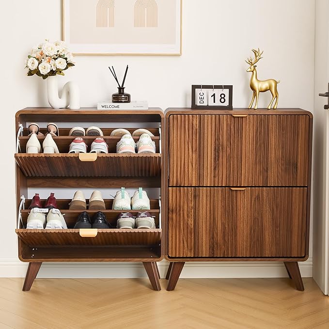 RARZOE Set of 2 Fluted Shoe Storage Cabinets for Entryway, Narrow Curved Shoe Cabinet with 2 Flip Drawers, Freestanding Wood Hidden Shoe Organizer Closed Shoe Rack Cabinet for Foyer,Hallway (Walnut)