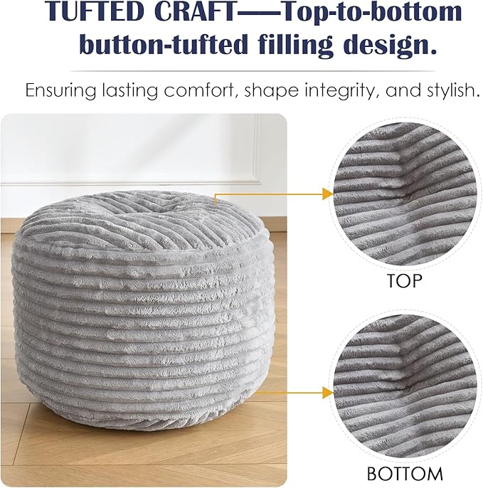 SHOUREN Stuffed Round Pouf Ottoman,Corduroy Foot Rest with Shredded Foam Filling, Lightweight and Fluffy Pouf Storage Ottoman for Living Room,Floor Poufs for Couch,20"x15", Light Grey