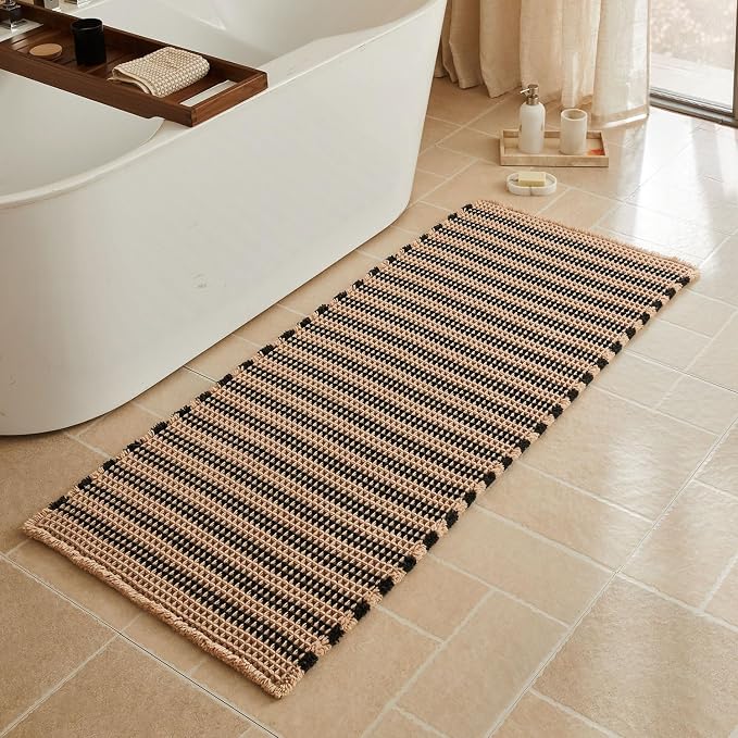 Triohero Waffle Runner Bath Mat - Long Bathroom Rugs Non Slip Washable, Ultra Soft Super Absorbent Quick Dry Boho Farmhouse Bathroom Decor, 24" x 60"', Khaki & Black