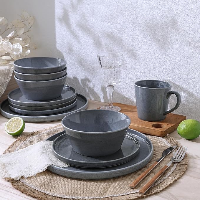 Famiware Annecy Dinner Plates and Bowls Sets, Stoneware Dinnerware Sets, Dishes Set for 6, 18 Pieces Handmade Dishware Set - Microwave & Dishwasher Safe, Double Reactive Glaze Tableware, Misty-Blue