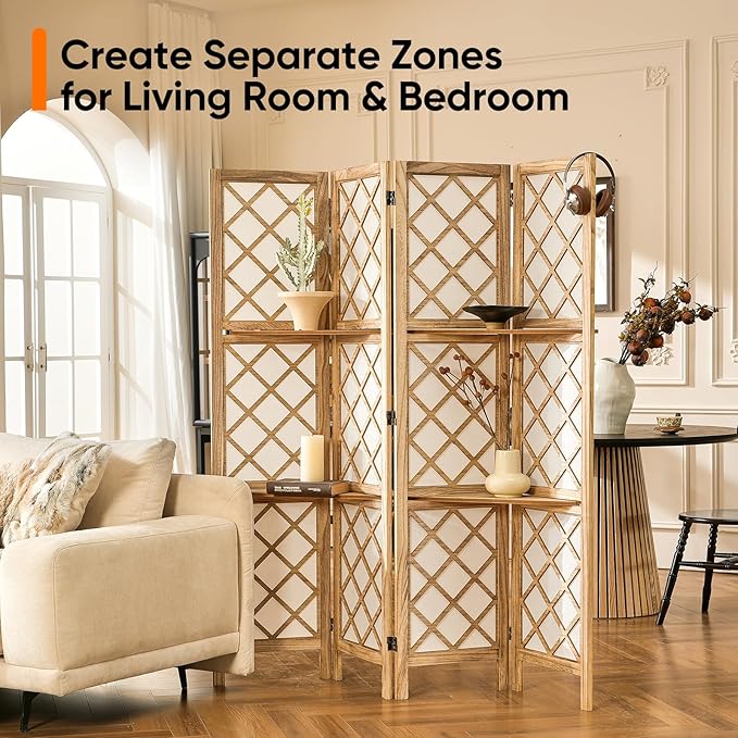 JOSTYLE Japanese Room Divider with Shelves, Shoji Screen Diamond Lattice Design, 4-Panel Lightweight Wooden Privacy Partition with Storage Board, 67" H x 64" W