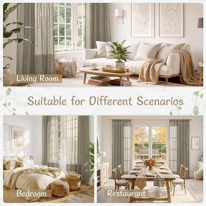 LAMIT Taupe Linen Sheer Curtains 84 inch Length 2 Panels, Light Filtering Semi Sheer Panels Back Tab and Rod Pocket Windpw Drapes for Bedroom/Living Room/Sliding Glass Door, 52 x 84 Inch