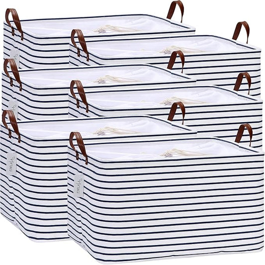 Hinwo 70L Extra Large Storage Bins, 6-Pack Closet Organizers and Storage, Foldable Clothes Storage Baskets with Handles, Containers for Clothing, Blanket, Comforters, Toys, Bedding (Navy Stripe)