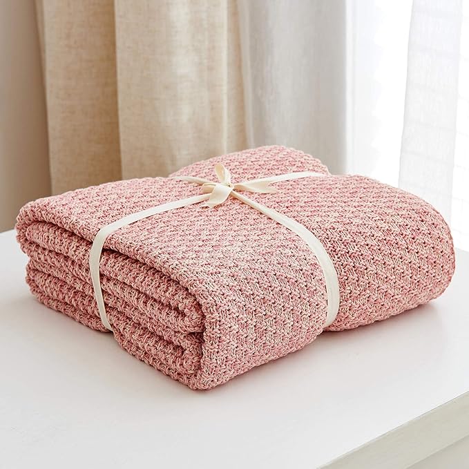 Longhui bedding 100% Cotton Knitted Throw Blanket – Pink, Soft & Cozy, Machine Washable, 51"x63" – Perfect for Living Room, Couch, Sofa, Bed or Travel