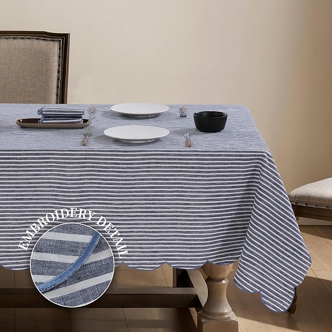 100% French Flax Linen Tablecloths Scalloped Embroidery Rectangle 84Lx60W Inch for Dinners, Parties, Spring, Machine Washable, 6-8 Sets, Blue Stripe(Edges-Blue)