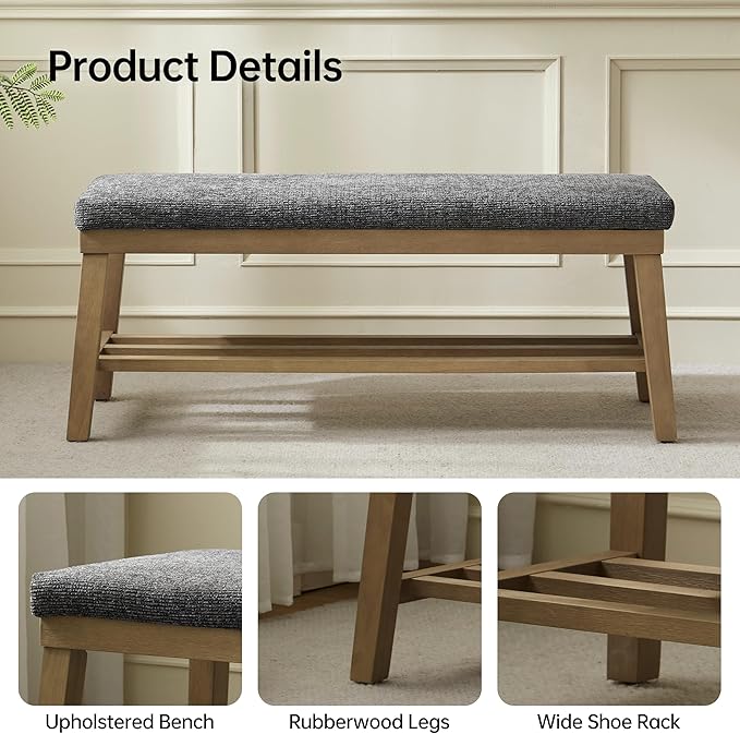 VKNOW Entryway Bench, 44.4" Upholstered Shoe Storage Bench for Entryway & Bedroom, Shoe Bench with Rubberwood Legs, Modern End of Bed Storage Bench for Living Room and Hallway, Black