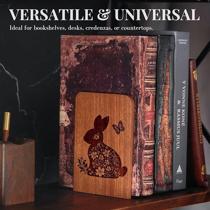 Bunny Gifts for Women Girls, Bunny Bookends, Gifts for Rabbit Lovers, Heavy Duty Wooden Book Ends for Shelves Decorative(1 Pair, 4.72x6.69 Inches)