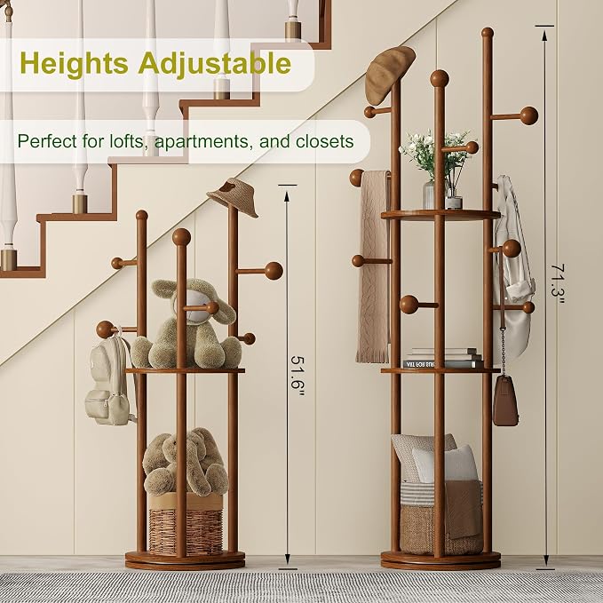 FROMJBEST Solid Wood Coat Rack Freestanding Rotating Clothes Rack with 9 Hooks & 3 Storage Shelves for Purse, Bag, Hat, Coat Hanger Stand for Entryway, Hallway, Office, Mid-Centry, Walnut