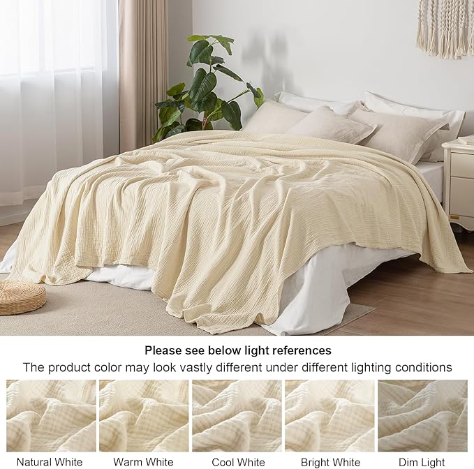 PHF 100% Cotton Muslin Blanket Queen Size 90"x90", 4-Layer Lightweight Gauze Throw, Breathable Cloud-Soft Minimalist Blanket for Bed, Couch, Camping, Beige/Short Bread, Ideal Gift