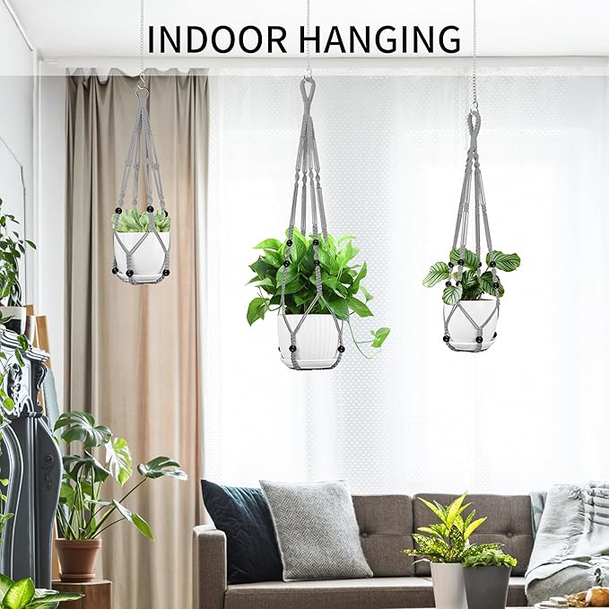 Macrame Plant Hanger - Fits 4 to 13 inches Pots for Indoor Outdoor, 35"/29"/23" Different Sizes Set, Gray (POTS NOT Included)