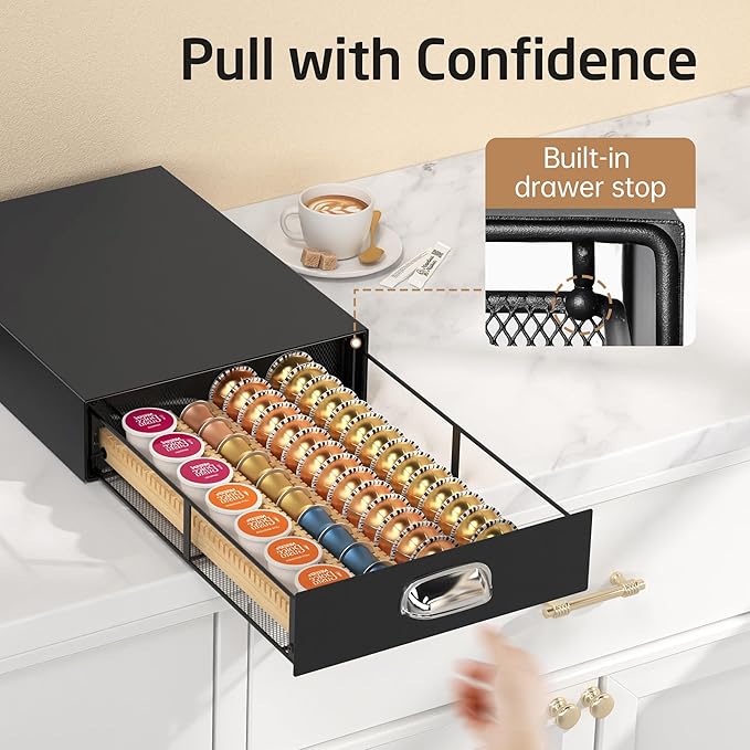 KES Adjustable Metal Coffee Pod Holder Drawer Fit All Pods Size, Heavy Duty Coffee Pod Organizer for Nespresso Vertuo, K-cup, Nespresso Origin Capsules, 40/52Pcs Capacity, Matte Black, KCPH502-BK