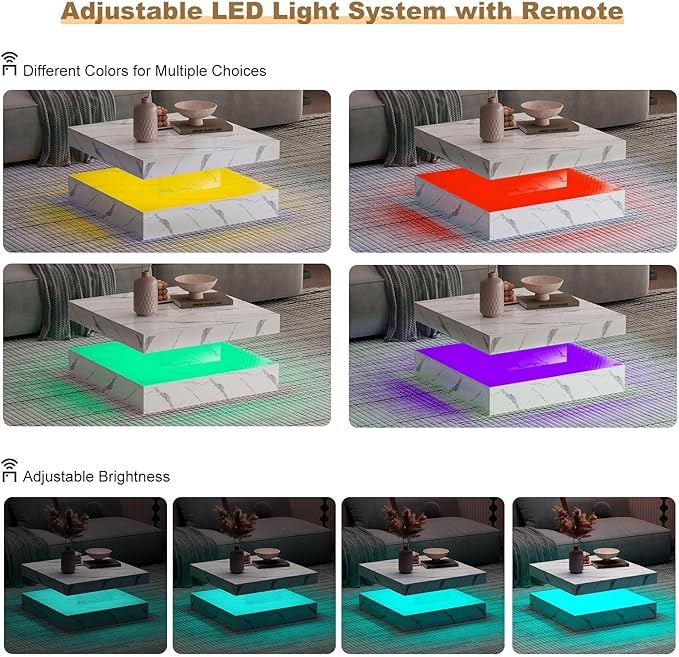 HedoAjim White Marble LED Coffee Table for Living Room, Living Room Table 2-Tier Square Middle Center Table, Modern Coffee Tables with Storage, Contemporary Wood Tea Tables for Dining Reception