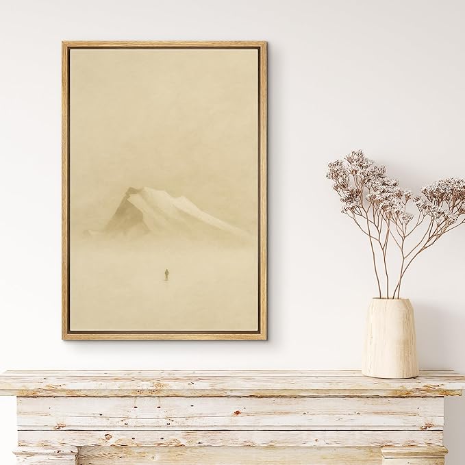 MUDECOR Framed Canvas Print Wall Art Solitary Traveler in Misty Mountains Minimalist Winter Landscape Illustrations Minimalism Decorative Zen for Living Room, Bedroom, Office - 16"x24" NATURAL