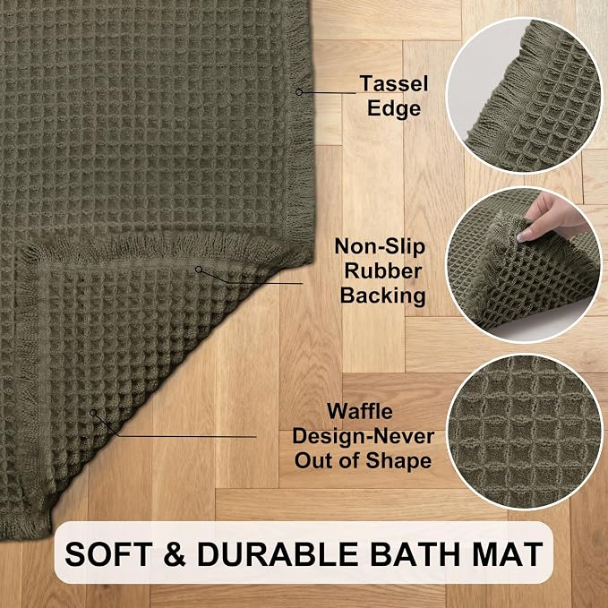Hiasan Set of 2 Waffle Bath Mat, Super Absorbent Non Slip Bathroom Boho Rug with Tassels, Machine Washable Bath Mats for Bathroom, Ultra Soft Rubber Backed Rug, Grayish Green, 20" x 32" + 24" x 48"