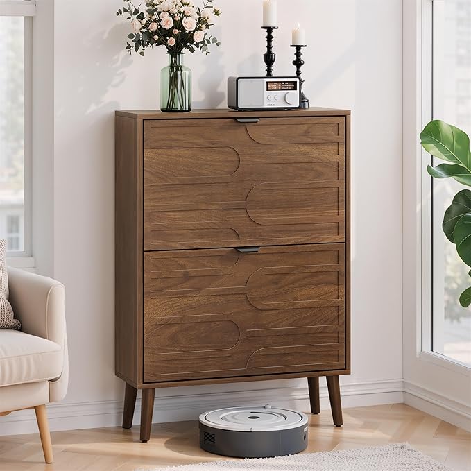 Spaco Walnut Shoe Storage Cabinet with 2 Flip Drawers for Entryway,Narrow Shoe Rack Organizer Cabinet with Doors for Hallway,Entrance