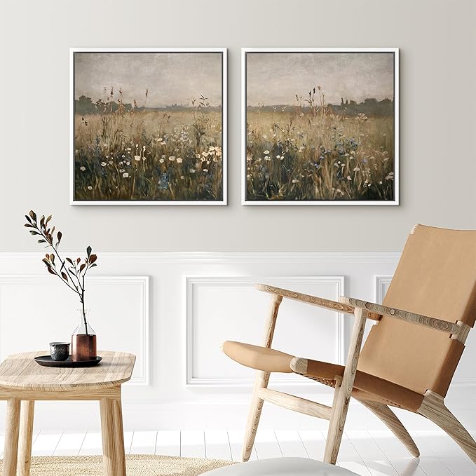 SIGNFORD Framed Canvas Print Wall Art Set Wildflower Field Landscape Meadow Floral Illustrations Modern Art Minimal Relax/Calm for Living Room, Bedroom, Office - 16"x16"x2 White