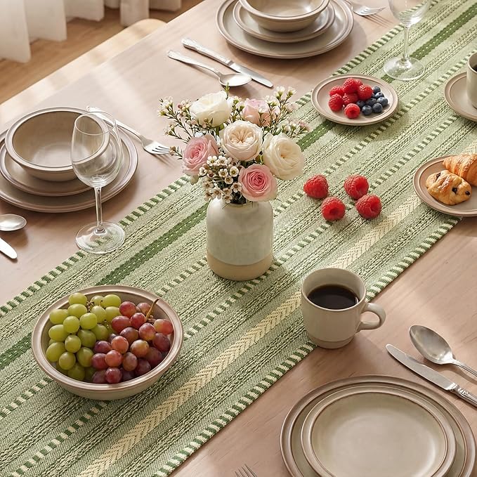 Artoid Mode Army Green Farmhouse Woven Table Runner, Seasonal Holiday Rustic Kitchen Dining Table Decoration for Home Party Decor 12x48 Inch