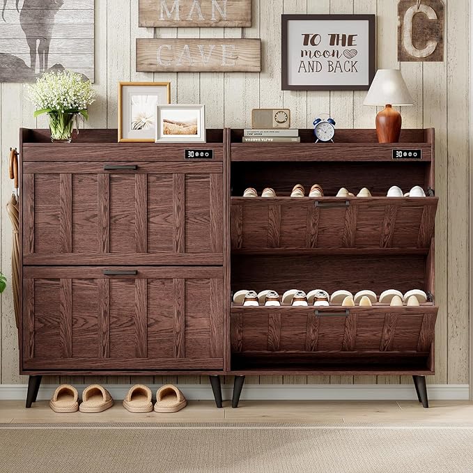 ChooChoo Shoe Storage Cabinet with 2 Flip Drawers, Deodorizing Shoe Organizer Storage for Entryway, Freestanding Hidden Slim Narrow Shoe Rack Cabinet, Walnut