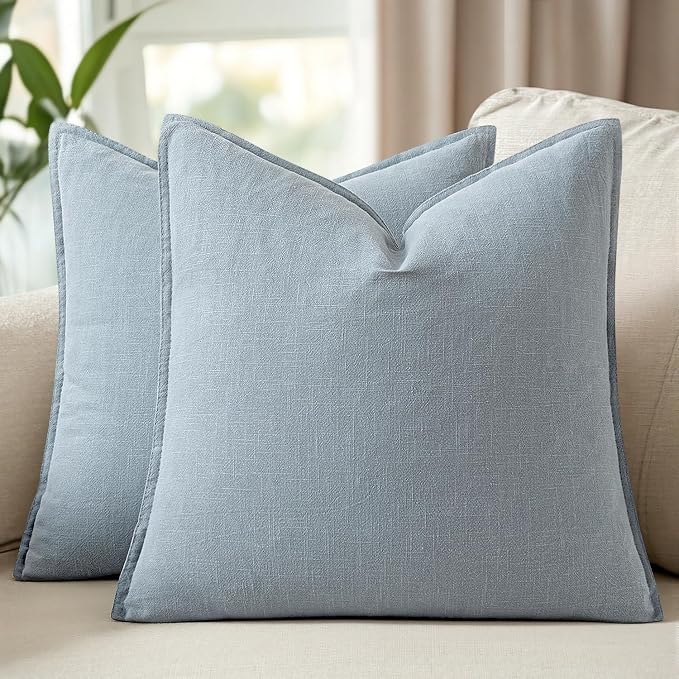 24x24 Inch Set of 2 Decorative Linen Solid Throw Pillow Covers Boho Accent Farmhouse Couch Pillowcases Modern Netural Euro Home Decor for Couch Sofa Living Room Bed,Light Blue