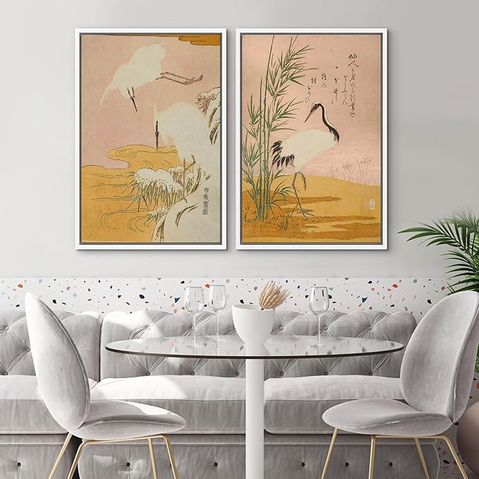 SIGNWIN Framed Canvas Print Wall Art Set Japanese Crane Vintage Style Bird and Bamboo Illustrations Modern Art Rustic Minimal for Living Room, Bedroom, Office - 24"x36"x2 White