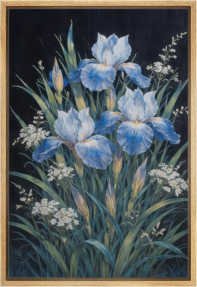 MUDECOR Framed Canvas Print Wall Art Blue Iris Botanical Floral Illustrations Minimalism Decorative Bohemian Zen for Living Room, Bedroom, Office - 16"x24" NATURAL
