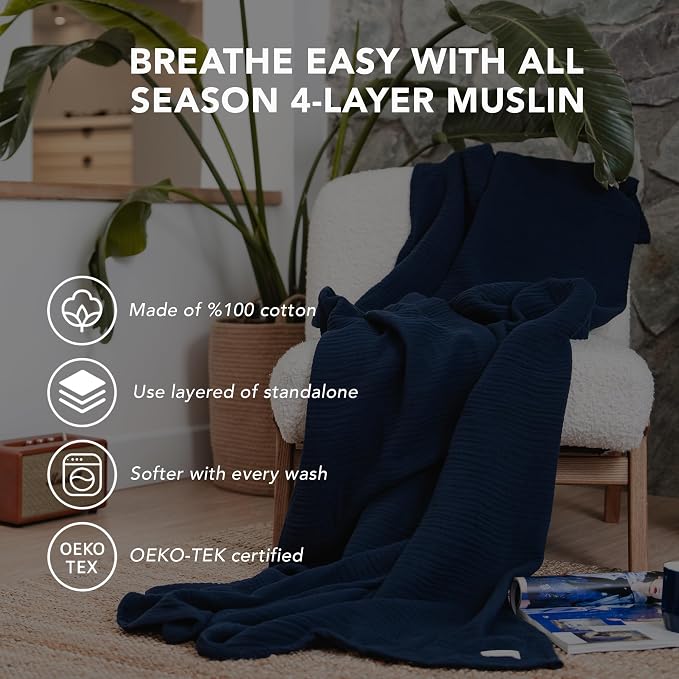 Goqan Muslin Blanket Queen 79x90 – 100% Turkish Cotton 4 Layer Boho Muslin Blanket for Adults, Four Season, Lightweight and Thin, Soft, Breathable for Bed, Couch - Navy